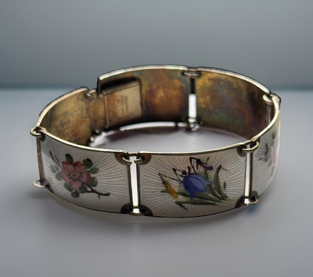Finn Jensen Guilloche Enamel Sterling Panel Bracelet Rose, Bell Flower, Violet